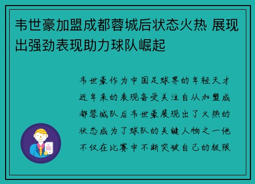 韦世豪加盟成都蓉城后状态火热 展现出强劲表现助力球队崛起